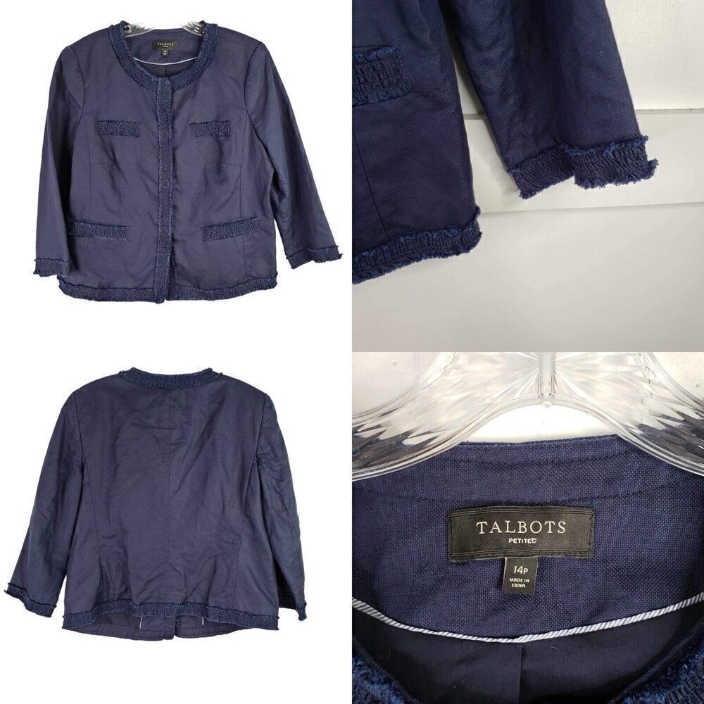 Talbots Blazer Women’s Size 14P Petite Navy Blue Linen Jacket Fringe Crop